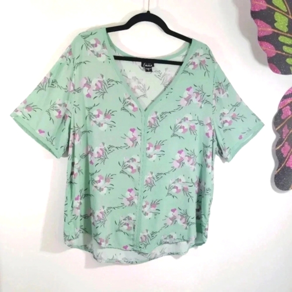 CLEARANCE Simply Emma Top Blouse Botanical Pink Green Lightweight Flowy 1X - Picture 1 of 13